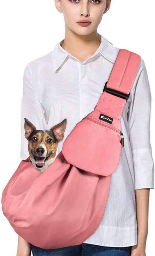 SlowTon Dog Carrier Sling - Thick Padded Shoulder Strap Adjustable Dog Carriers for Small Dogs, Puppy Carrier Purse for Pet Cat with Front Zipper Pocket Safety Belt Machine Washable (Pink M)
