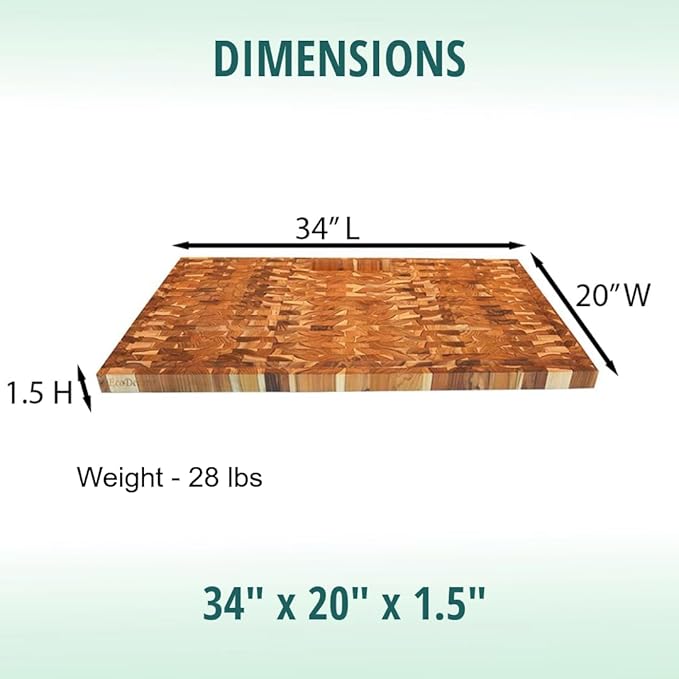 EcoDecors Extra Large Solid Teak Butcher Block 34"x20", End Grain Cutting Board with Juice Groove, Waste Slot, Handles, FSC Certified Carving Board for Stove-Top Prep