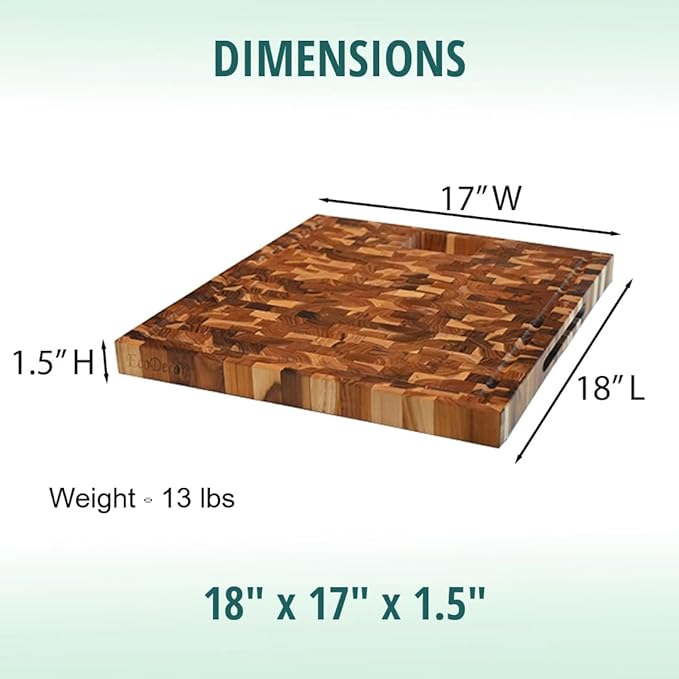 EcoDecors, Teak End Grain Cutting Board 17"x18", FSC Teakwood Butcher Block with Juice Groove, Waste Chute & Handles, Solid Wood Cutting Board for Kitchen, Carving & Stove-Top Prep