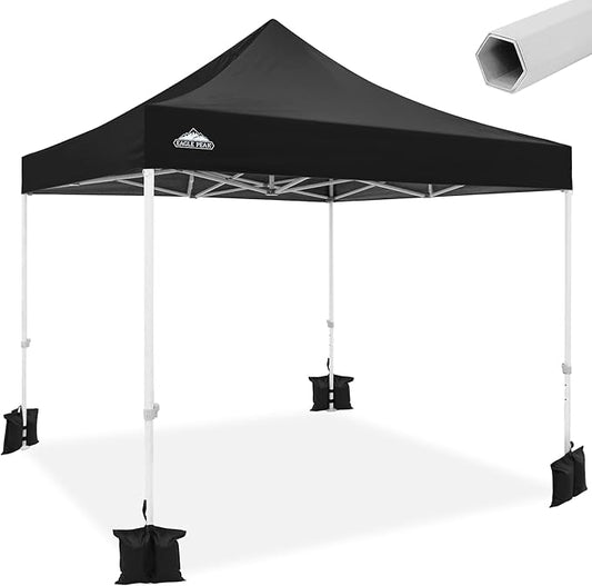 EAGLE PEAK 10x10 Heavy Duty Pop up Commercial Canopy Tent, Instant Marketplace Sun Shelter with Roller Bag and 4 Sandbags, Black