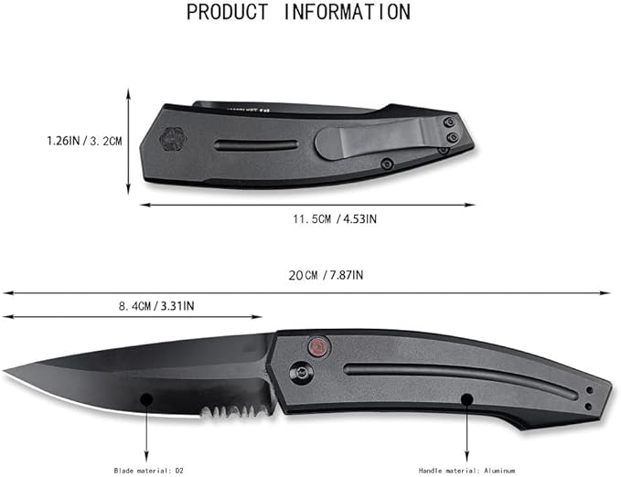 3.31'' D2 Steel Blade Aluminum Handles Speed Safe Botton Fast Opening Folding Knife with Pocket Clip, Camping EDC Tools, Survival Knives, Christmas Gift for Men and Women (Black Serrated Blade)