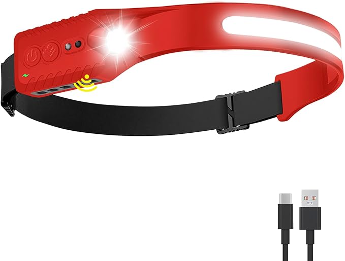 Rechargeable LED Headlamp (Red), 400 Lumens, 230° Wide Beam, USB-C, IPX4, 5 Modes ??Lightweight, Adjustable Headband; Hard Hat Clips for Camping, Hiking, Running & Repairs