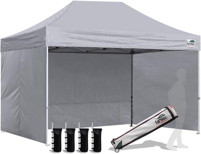Eurmax USA 8'x12' Pop-up Canopy Tent Commercial Instant Canopies with 4 Removable Zipper End Side Walls and Roller Bag, Bonus 4 SandBags(Gray)