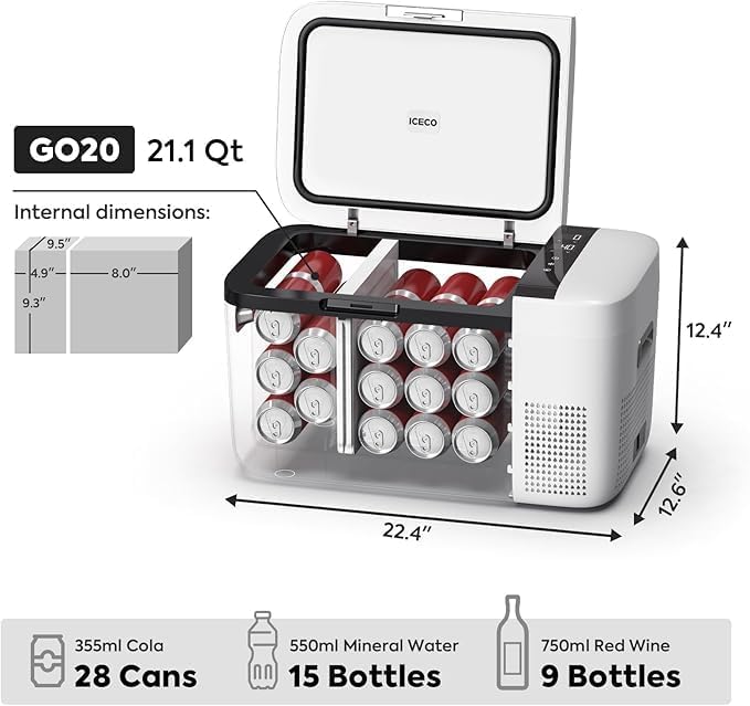 ICECO GO20 Portable Refrigerator,21Qt/20L 12Volt Refrigerator Powered by SECOP, 0℉-50℉, Bluetooth Connection, 12/24VDC&110-240VAC, 12v Fridge Freezer for Car |GO20W + Battery