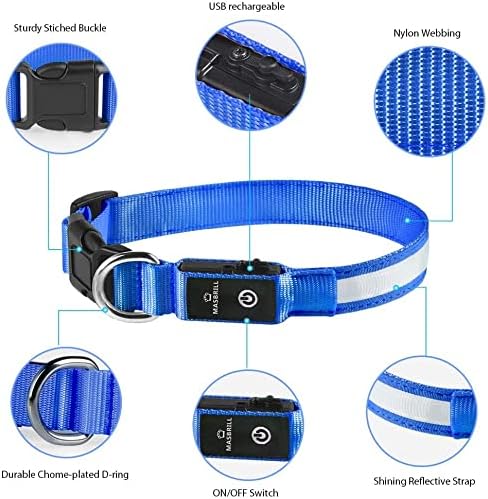 MASBRILL Led Dog Collar - Light Up, Night Walking, Water-Resistant Blue Glowing Collar 4 Colors to Choose From