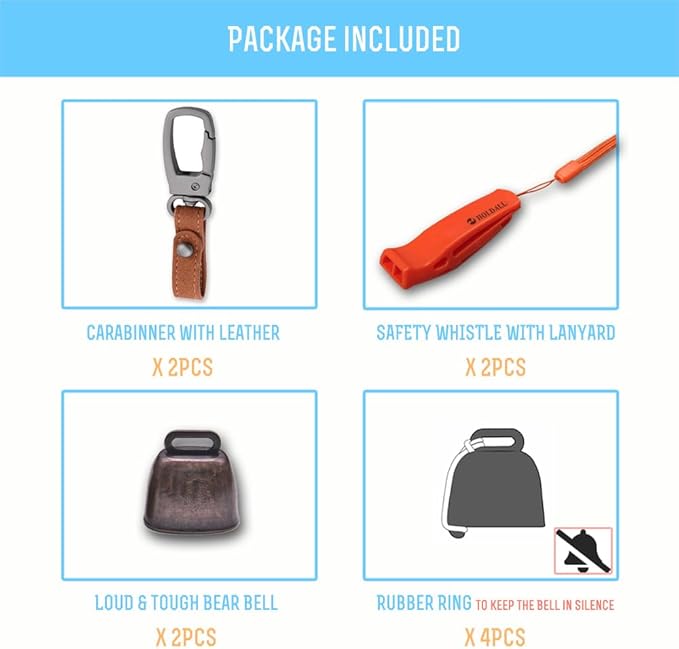 Loud Bear Bell with Silencer for Hikers, Bronze Colored Bear Bells with Emergency Whistle and Key-Chain Carabiner Set for Survival, Hiking, Trekking, Biking, Fishing, Climbing