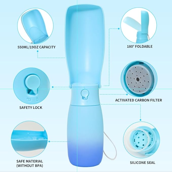 Dog Water Bottle, Travel Puppy Water Bowl, Leak Proof Portable Puppy Water Dispenser, Foldable Dog Water Bottle for for Pets Outdoor Walking, Hiking, Travel, Food Grade Plastic - 19oz Blue