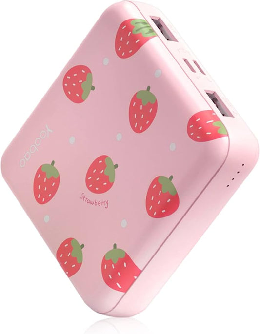 Yoobao Portable Charger 10000mAh, Cute Power Bank USB-C for Girls Travel, 2 Outputs & 2 Inputs (5V/2.1A), Mini Phone Battery Pack for iPhone 11/12/13/iPad/Android (Strawberry)