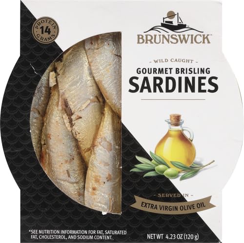 Brunswick Wild Caught Gourmet Brisling Sardines in Extra Virgin Olive Oil, 4.23 oz Can - Wild Caught Sardines - 14g Protein per Serving - Gluten Free, Keto Friendly (Pack of 4)
