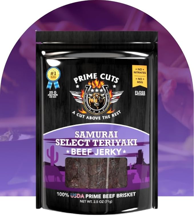 Prime Cuts Samurai Select Teriyaki Beef Jerky | USDA Prime Brisket | East-Meets-West Flavor Fusion | High-Protein, Low-Fat Snack | Savory-Sweet Teriyaki Taste