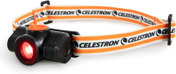 Celestron ??Night Vision Headlamp ??Multiple Light Modes ??Includes SOS Setting ??Ideal for Astronomy and Camping ??100 Hours of Usage ??45° Adjustable Angle