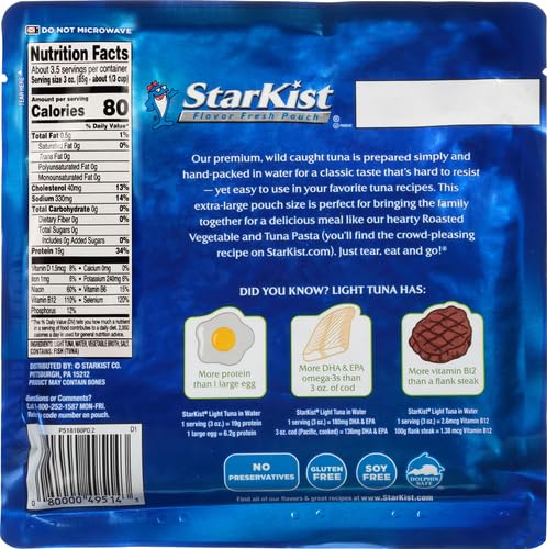StarKist Chunk Light Tuna in Water, 11 oz Pouch (1 Pack) Ready to Eat Wild Caught Tuna, 19g Protein Per Serving, 80 Calories Per Serving, Gluten Free, Soy Free, Kosher, Perfect for Meals and Snacks