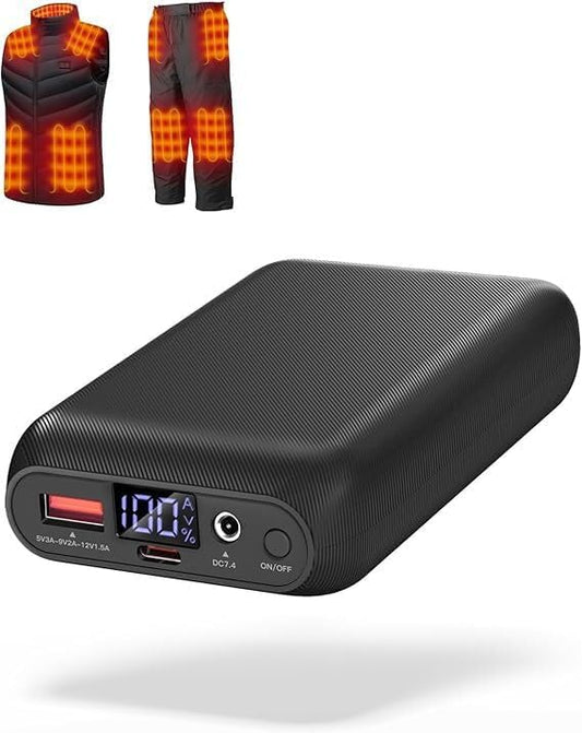 𝟳.𝟰𝗩/𝟱𝗩 𝟭𝟲𝟬𝟬𝟬𝗺𝗔𝗵 Heated Vest Battery Pack, Power Bank with USB/Type-C/DC (3.5/3.8/4.0) Output and LED Display, for Heated Vests, Hoodies, and Jackets up to 12H