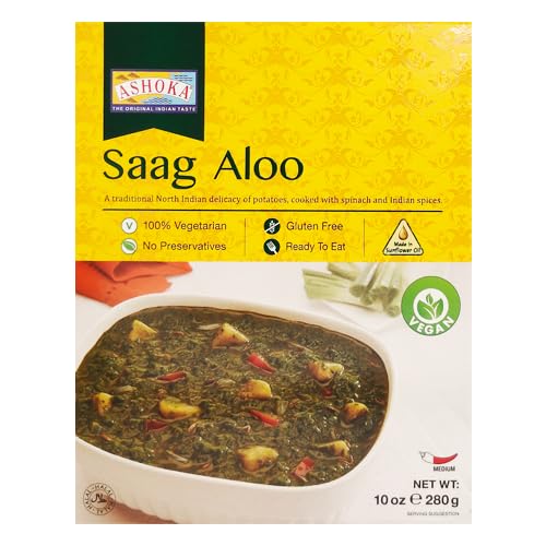 Ashoka Meals 1932, Vegan Spinach & Potato, All-Natural, Heat & Serve Microwaveable Indian Food, Saag Aloo, Kosher Certified, Great for Outdoors, Gluten-Free & with No Preservatives, Pack of 1