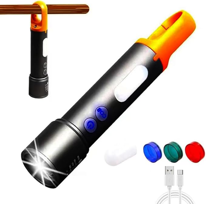 LED Rechargeable Tactical Flashlight High Lumens, Brightest Flashlights for Emergencies Camping COB Sidelight, Zoomable Multicolor Lenses Flashlight Hiking Hunting.