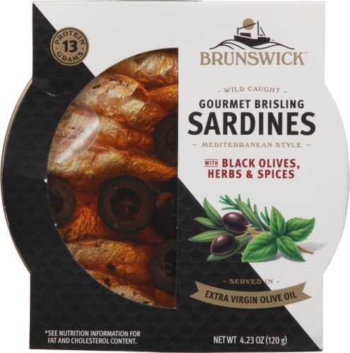 Brunswick Wild Caught Gourmet Brisling Sardines in Extra Virgin Olive Oil, Mediterranean Style with Black Olives, Herbs and Spices, 4.23 oz Can - Wild Caught Sardines - 13g Protein per Serving