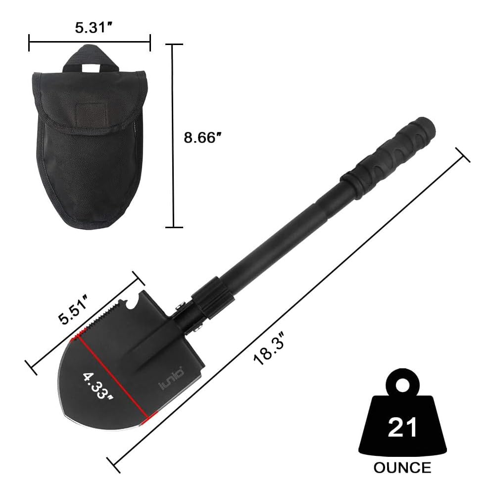 iunio Folding Camping Shovel w/Pick, 18.3in Heavy Duty Carbon Steel Shovel