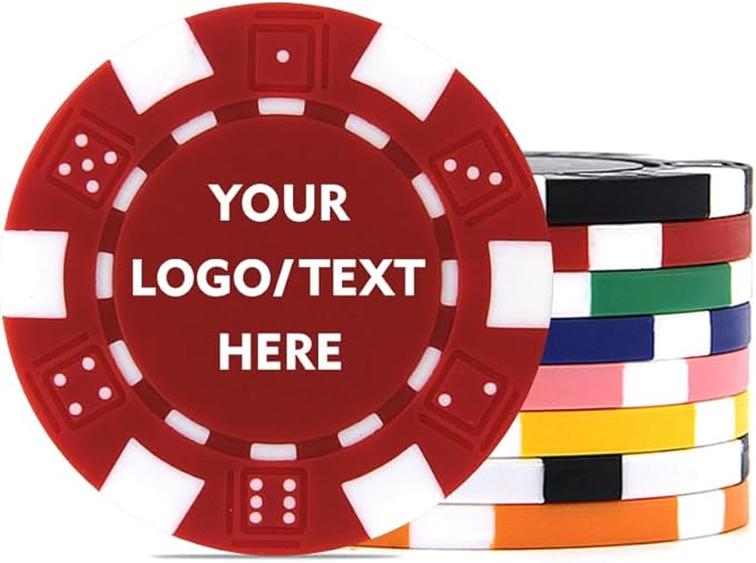 100 Custom Dice Striped Poker Chips, Print Your Text, Logo or Design, Casino Sized Chips for Texas Hold'em, Blackjack, Tournaments, Card Clubs
