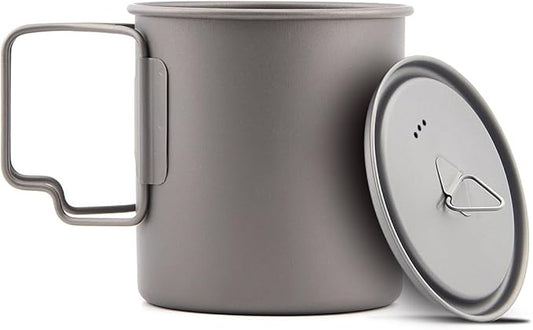 Titanium Camping Mug 750 ml / 25 oz Single-Wall Pot with Lid, Ultralight Backpacking Cup, Folding Handles, Boil Water & Cook Meals for Hiking, Bushcraft, Outdoor Survival