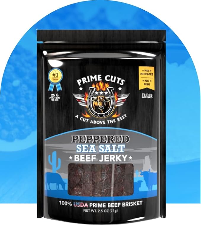 Prime Cuts Peppered Sea Salt Beef Jerky | USDA Prime Brisket | Classic Black Pepper and Sea Salt Flavor | High-Protein, Low-Fat Snack | No Artificial Ingredients | Perfect Anytime