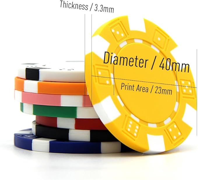 100 Custom Dice Striped Poker Chips, Print Your Text, Logo or Design, Casino Sized Chips for Texas Hold'em, Blackjack, Tournaments, Card Clubs