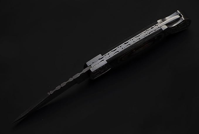 8.5" long Folding Knife, Wood Scale with Engraved steel bolster, custom made 4.25" Hand Forged Damascus steel blade Cow hide leather sheath with belt loop (Black)