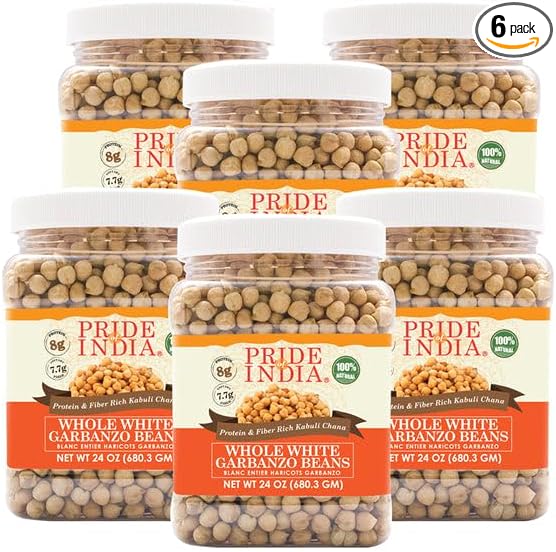 Pride Of India - PACK of 6 - Indian Whole White Garbanzo Beans 10mm - Protein & Fiber Rich Kabuli Chana, 1.5 Pound Jar