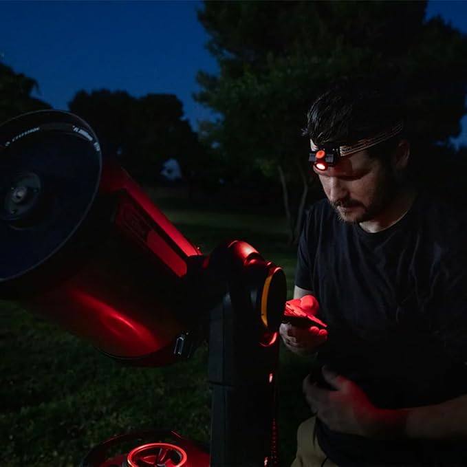 Celestron ??Night Vision Headlamp ??Multiple Light Modes ??Includes SOS Setting ??Ideal for Astronomy and Camping ??100 Hours of Usage ??45° Adjustable Angle