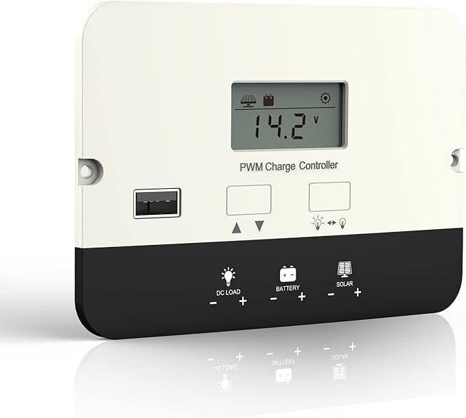 HQST PWM Solar Charge Controller,20A Flush Mount Solar Panel Battery Intelligent Regulator Auto 12/24V LCD Display with USB Port,17 Load Controller Modes for AGM, Gel, Flooded,Lithium Batteries