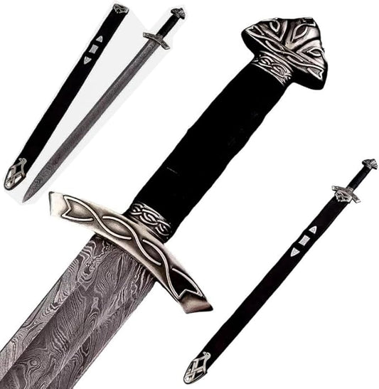 Viking Sword – Real Damascus Steel Battle-Ready Northman Swords | Handmade Functional Viking Sword Prop | Gift for Him, Prop Tools with Origional Leather Scabbard
