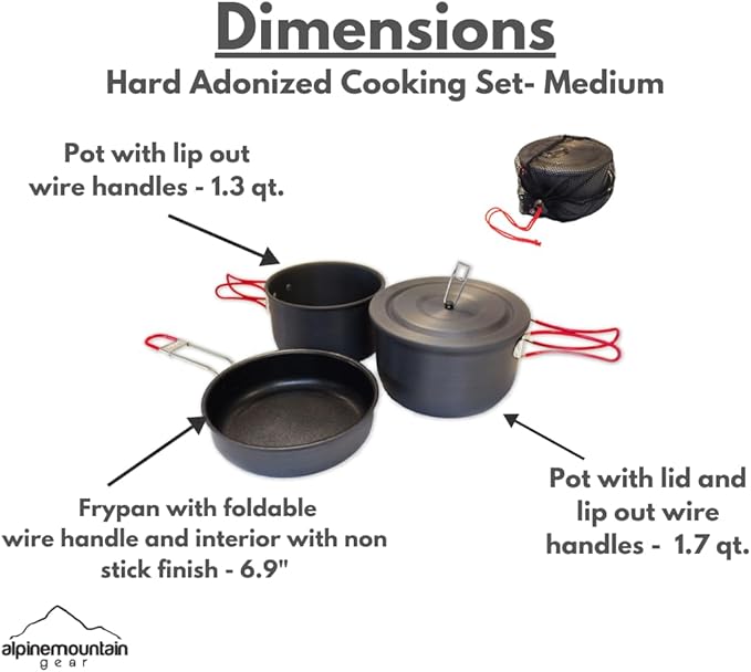 3 Piece Backpacker Hard-Anodized Cook Set - Camping Cookware with Carrying Bag (Made by Caddis Sports, Inc.)