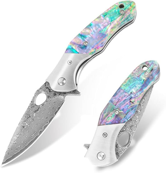 Cottonbell Damascus Pocket Knife Folding Knife for Men Women Unique Rainbow Abalone Shell Handle