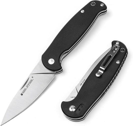 REALSTEEL H6 Blue Sheep Folding Pocket Knife,Nail Nick, 3.74" 14C28N Satin Blade, Thumb Stud, G10 Handle, 5oz, Tip-up Pocket Clip, EDC, Gifts, Camping Hiking Hunting(Sheepfoot Point Ambidextrous)