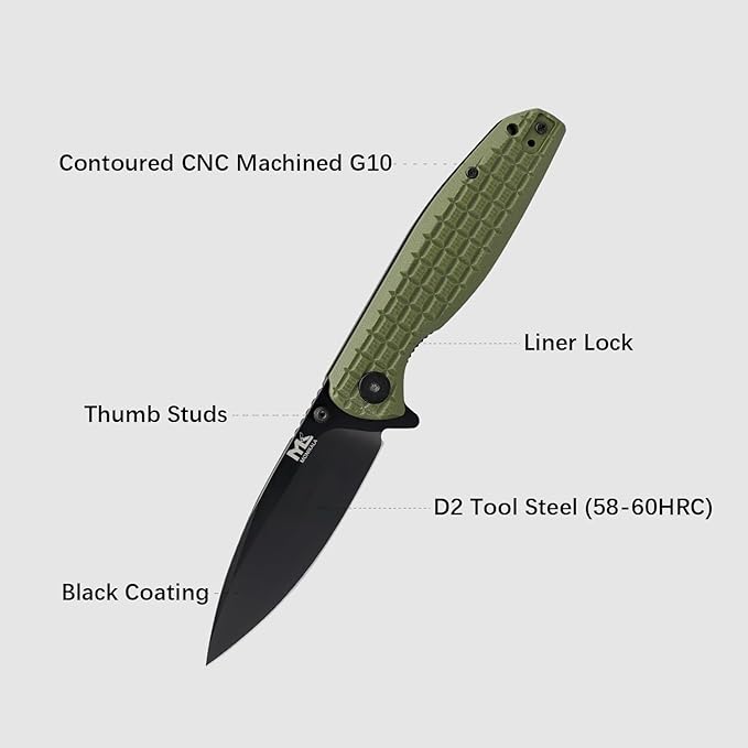 Folding Knife – 3.5-inch D2 Steel Folding Pocket Knife G10 Handle One-Handed Opening and Closing Ceramic Ball Bearings Deep Pocket Clip Suitable for Outdoor EDC (green)