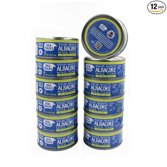 Sea Tales Solid White Albacore Canned Tuna in Olive Oil - 100% Pole & Line Wild Sustainably Caught - Gluten Free - High Protein Food - Keto Friendly - 5 oz. Cans (Pack of 12)