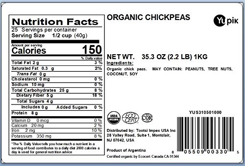 Yupik Organic Raw Chickpeas, 2.2 lb (35.2 oz), Pack of 6, Garbanzo Beans, Non-GMO, Vegan, Gluten-Free, Kosher, USDA Certified, High-Protein Legumes for Hummus, Soups, Salads & Toppings, Chick Peas