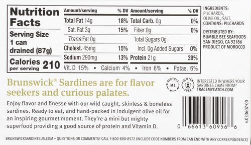 Brunswick Wild Caught Skinless and Boneless Sardines, Served in Olive Oil, 4.4 Ounce (Pack of 6)