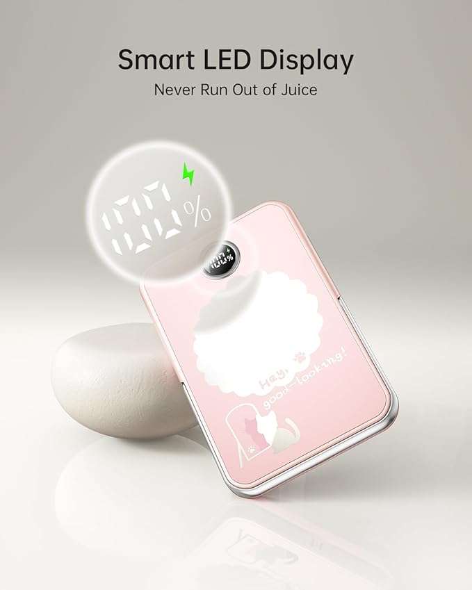 iWALK Magnetic Portable Charger 5,000mAh, Wireless Power Bank with Mirror & Foldable Stand, Ultra Slim Battery Pack with USB-C Cable, MagSafe Compatible for iPhone 17/16/16 Plus/16 Pro/15/14/13/12