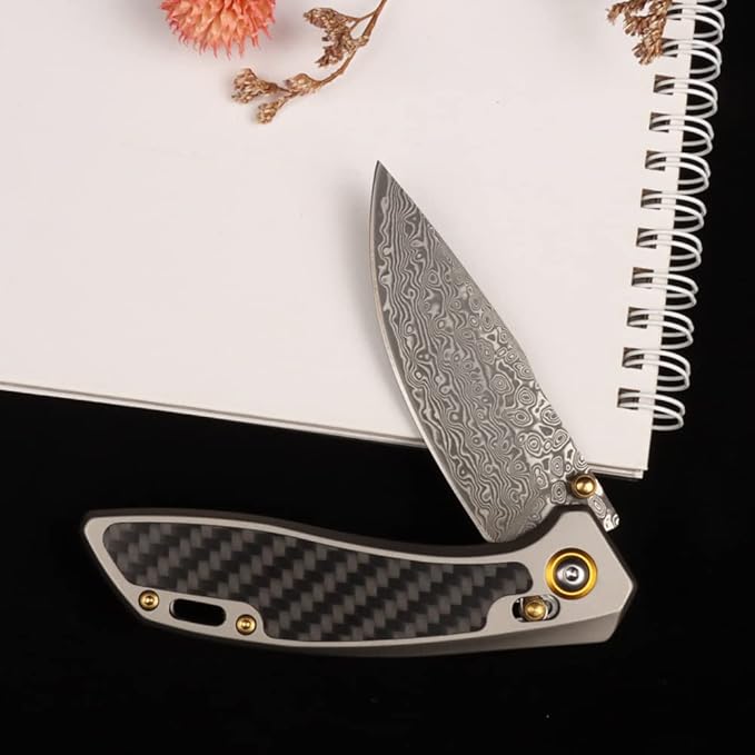 MASALONG Kni256 Pocket Knife, EDC Folding Knives, 3.77 "VG10 Damascus Blade, Carbon Fiber Alloy Steel Handle for Tactical Survival Outdoor