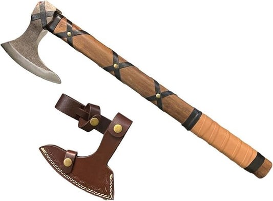 Custom Handmade Carbon Steel Viking Axe – 19” Inches Hand Forged Medieval Axe with Leather Sheath – Camping and Forest Hunting Hatchet – Gift for HIM (Brown Leather Ragnor)