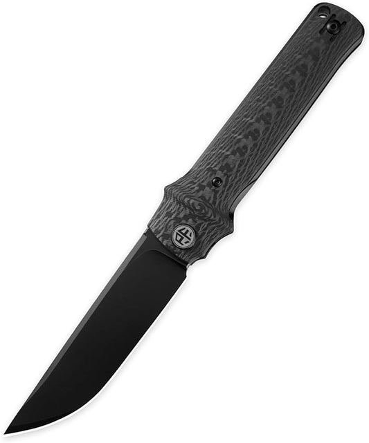Petrified fish PFB04 Tena Folding Knife, 3.82" D2 Black Stonewashed Blade Carbon Fiber Handle Pocket Knife for EDC Camping Outdoor (Carbon Fiber Black Stonewashed)