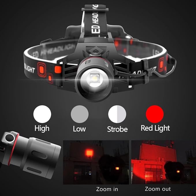 WINDFIRE White Red LED Rechargeable Headlamp, Super Bright Hunting Headlamps, 4 Modes 90° Adjustable Zoomable Headlights for Running, Camping, Hiking, Fishing, Night Vision, Astronomy