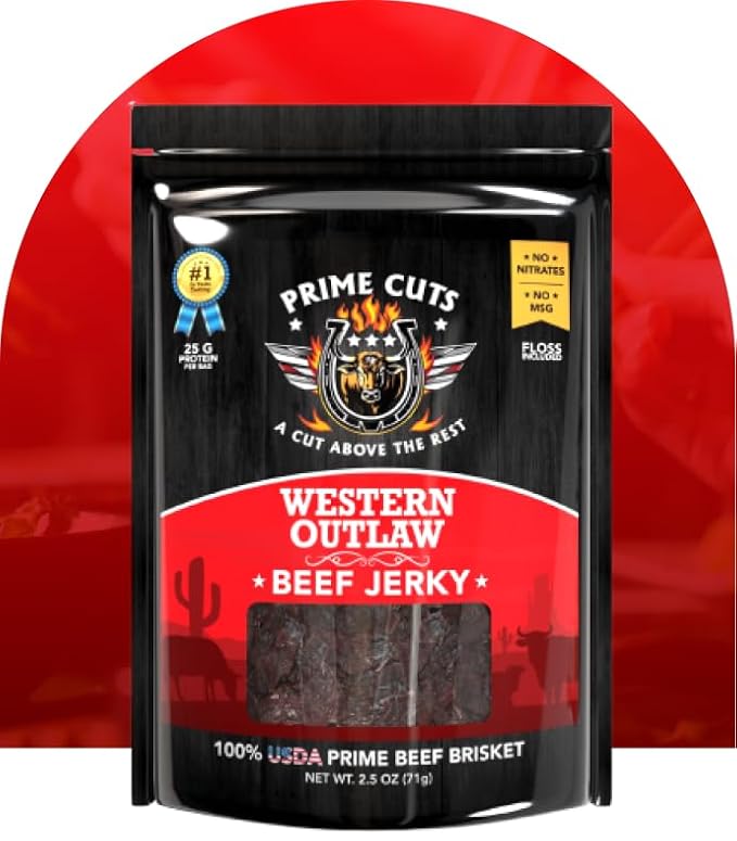 Prime Cuts Western Outlaw Beef Jerky | USDA Prime Brisket | Smoky Cowboy-Style Flavor | High-Protein, Low-Fat Snack | Crafted for Adventure | Authentic Taste of the American Frontier