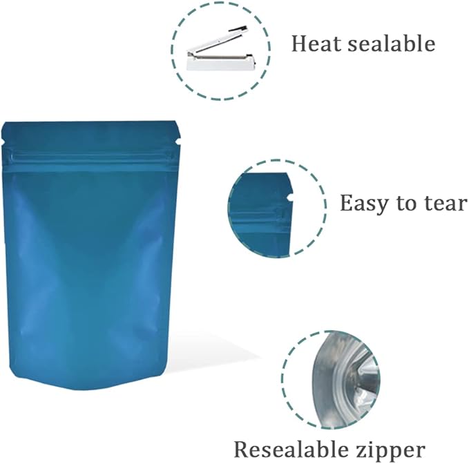 PABCK Stand-Up Resealable Heat Seal Bags 3.55mil Thick Frosted Blue Foil Sealed Bags 50 Pieces