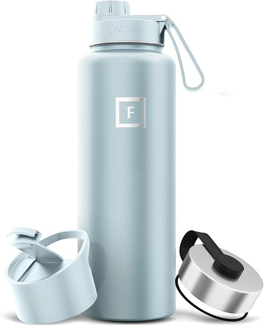 IRON °FLASK Camping & Hiking Hydration Flask with 3 Lids - Stainless Steel, Double Walled & Vacuum Insulated Water Bottle - Leak Proof & BPA Free (Morning Mist, Spout - 40 oz)
