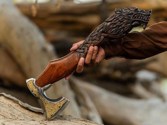 Qepaa Crafts® Viking Axe – 20" Fenrir Carved Norse Hatchet | Hand-Forged High Carbon Steel Axe with Ashwood Handle & Leather Sheath (LHA)