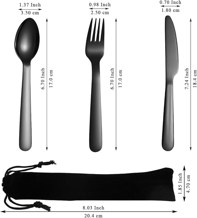 Evanda 3 Piece Portable Silverware Set, Include Knife Fork Spoon, Black Titanium Plating Camping Cutlery Set With Black Bag, For Home Kitchen Camping Travel, Dishwasher Safe