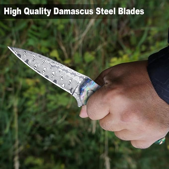Damascus Pocket Knife for Women, 2.87" Damascus Steel Blade EDC Knives for Men, Abalone Shells Handle, Pocket Knives & Folding Knives for Indoor Outdoor Camping Hiking