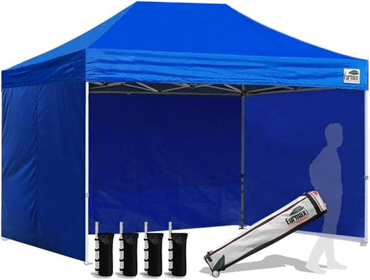 Eurmax USA 8'x12' Pop-up Canopy Tent Commercial Instant Canopies with 4 Removable Zipper End Side Walls and Roller Bag, Bonus 4 SandBags(Blue)