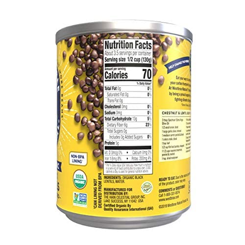 WESTBRAE 15 oz Natural Organic Black Lentils, No Salt Added, Source of Plant Based Protein and Fiber, Low Fat, Gluten Free, (Pack of 12)